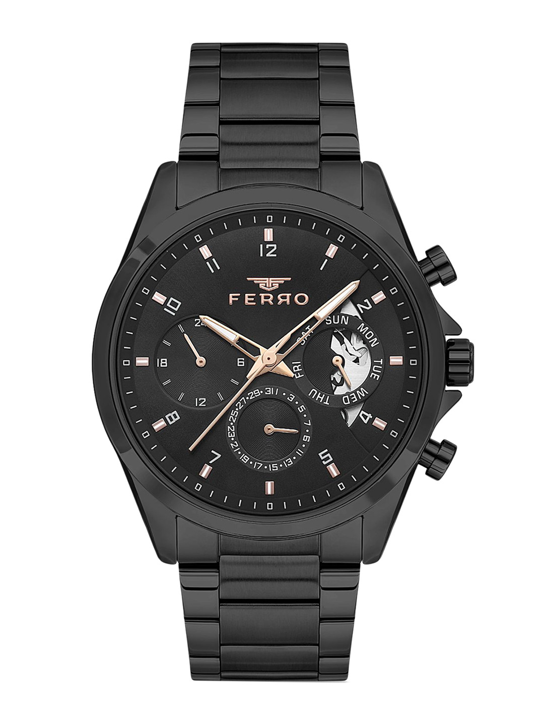 

Ferro Men Brass Dial & Stainless Steel Bracelet Style Straps Analogue Multi Function Watch FM11460A-G, Black