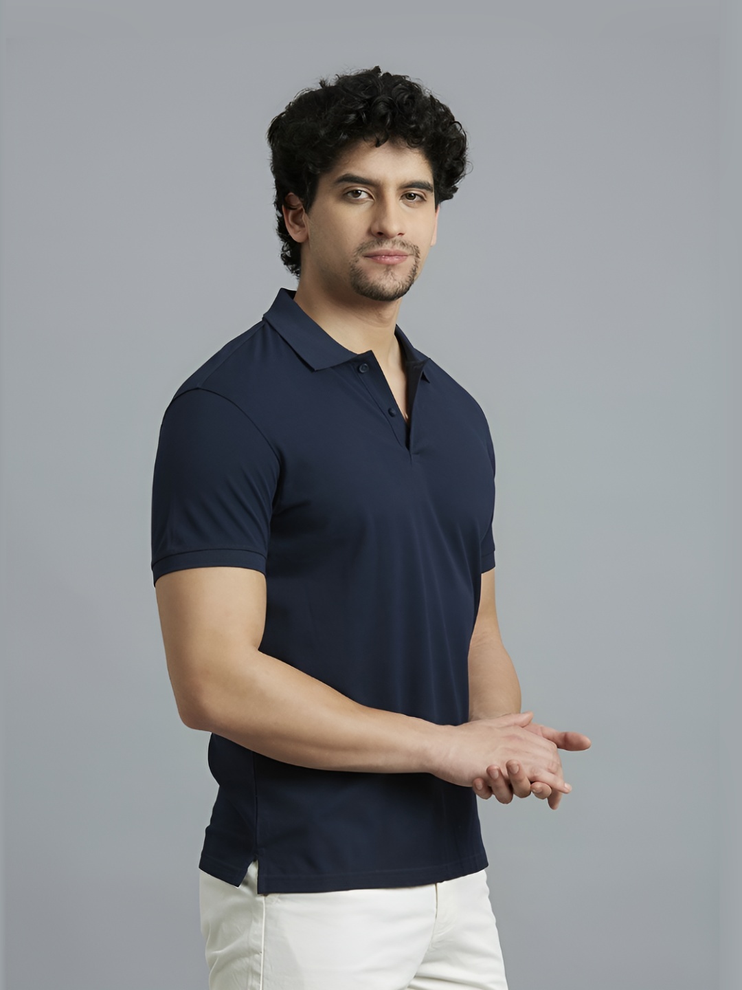 

Reid & Taylor Men Dyed Polo Collar Pockets Slim Fit T-shirt, Navy blue