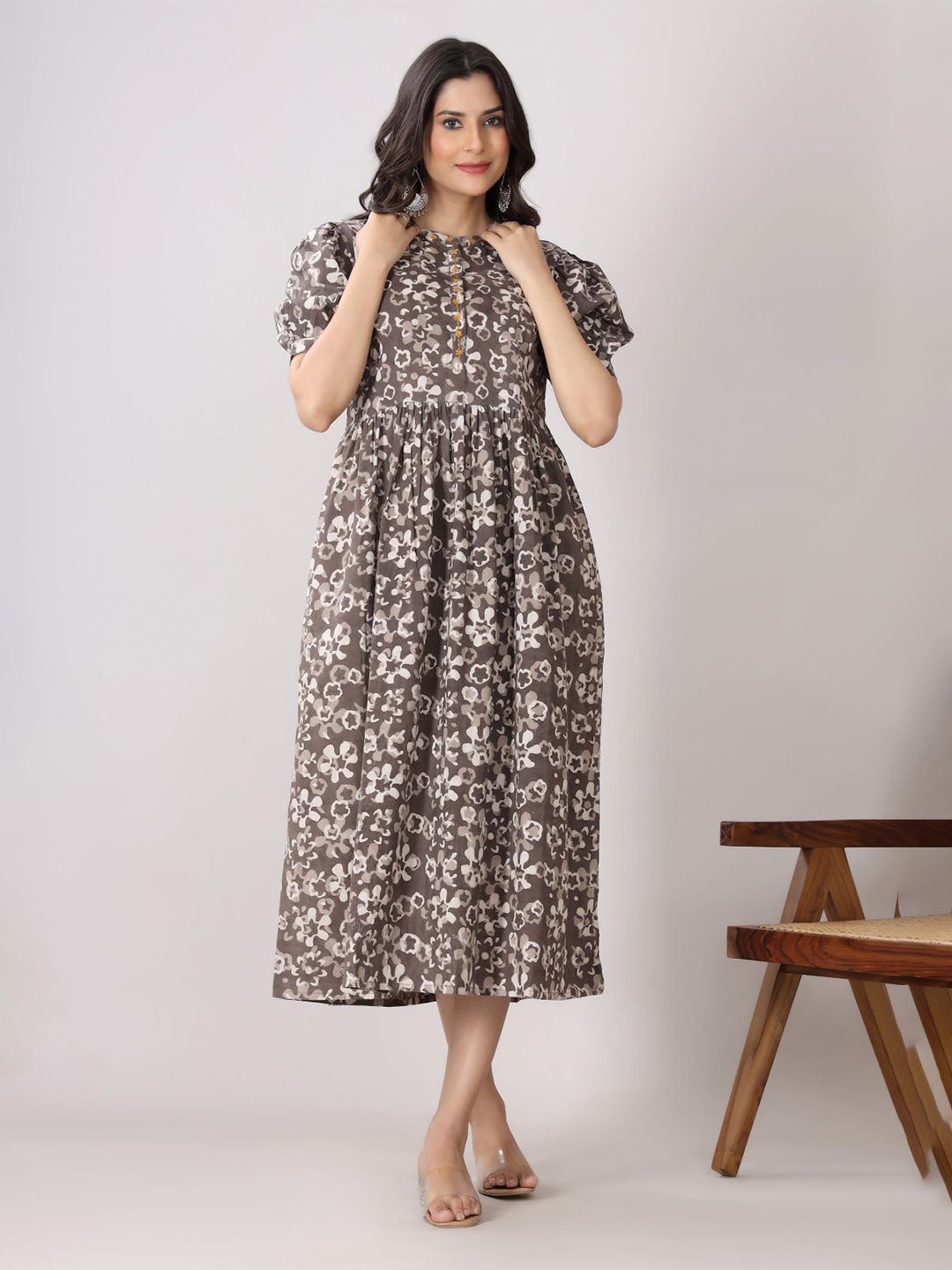 

Chandbaali Floral Print Puff Sleeve A-Line Midi Dress, Brown
