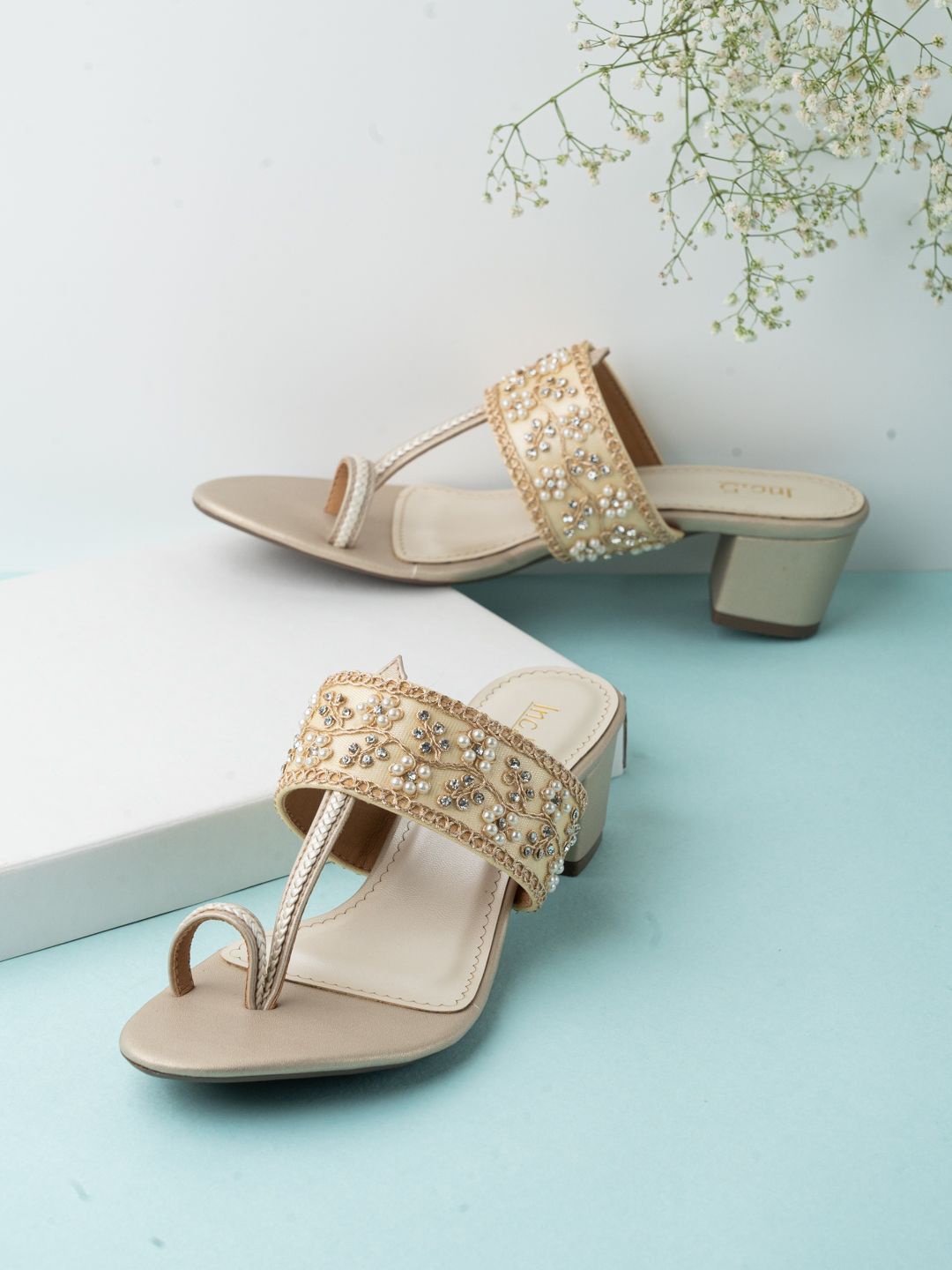 

Inc 5 Embellished Ethnic Block Sandals, Gold