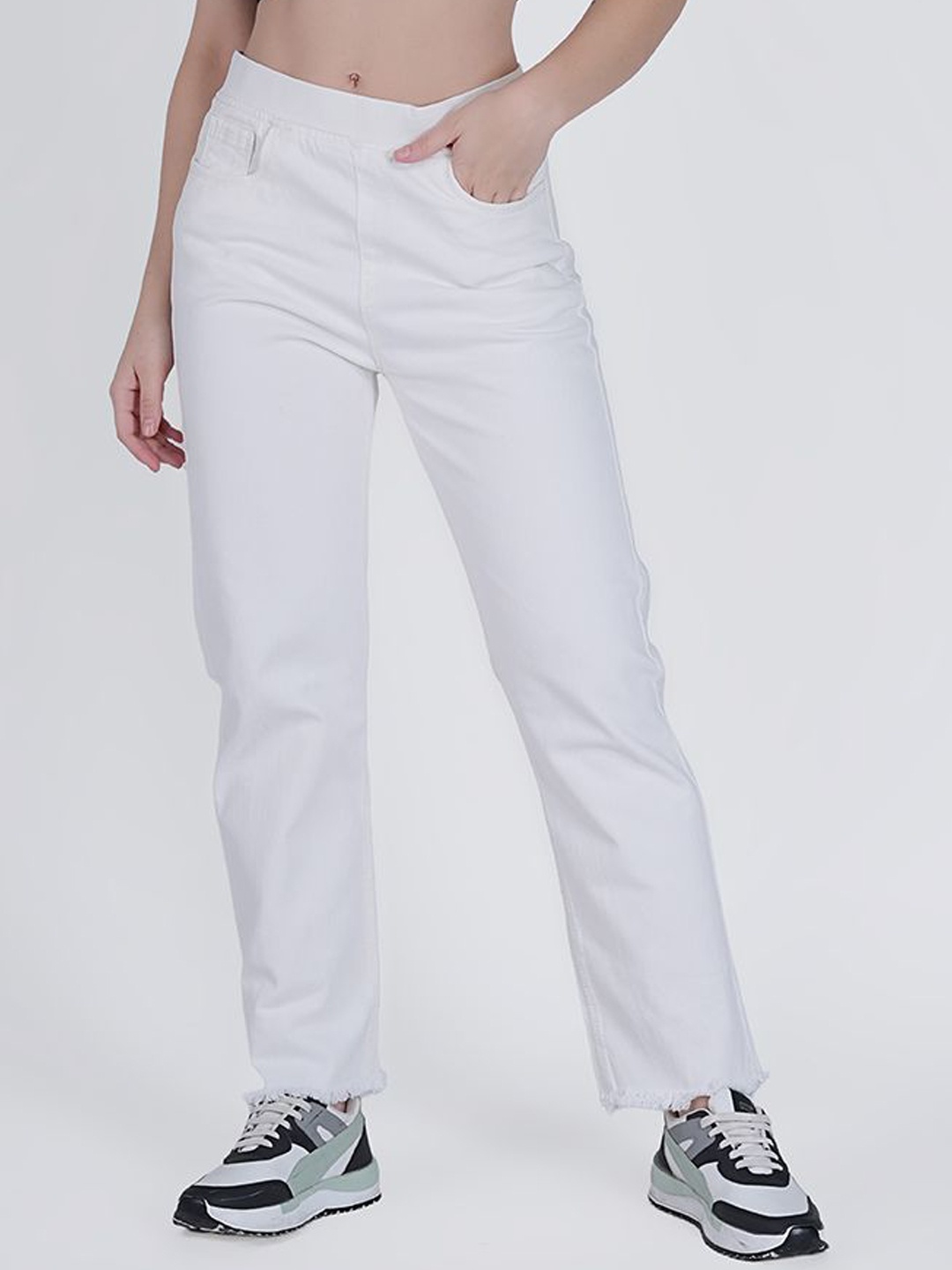 

MM-21 Women Loose Wide Leg Stretchable Jeans, White