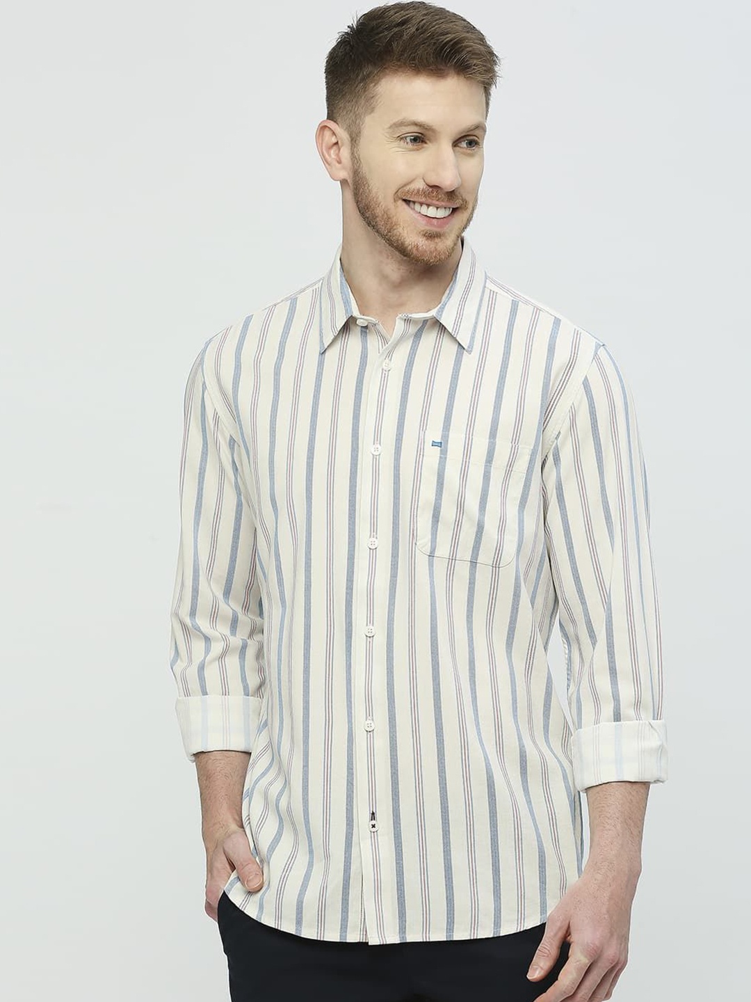 

Basics Men Slim Fit Pinstripes Opaque Striped Casual Shirt, Blue