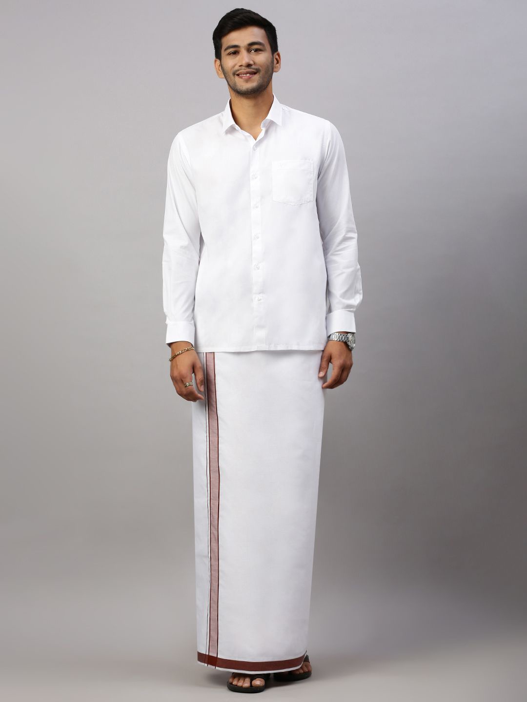 

Ramraj Men Solid Formal Cotton Blend Shirt with Dhoti, White