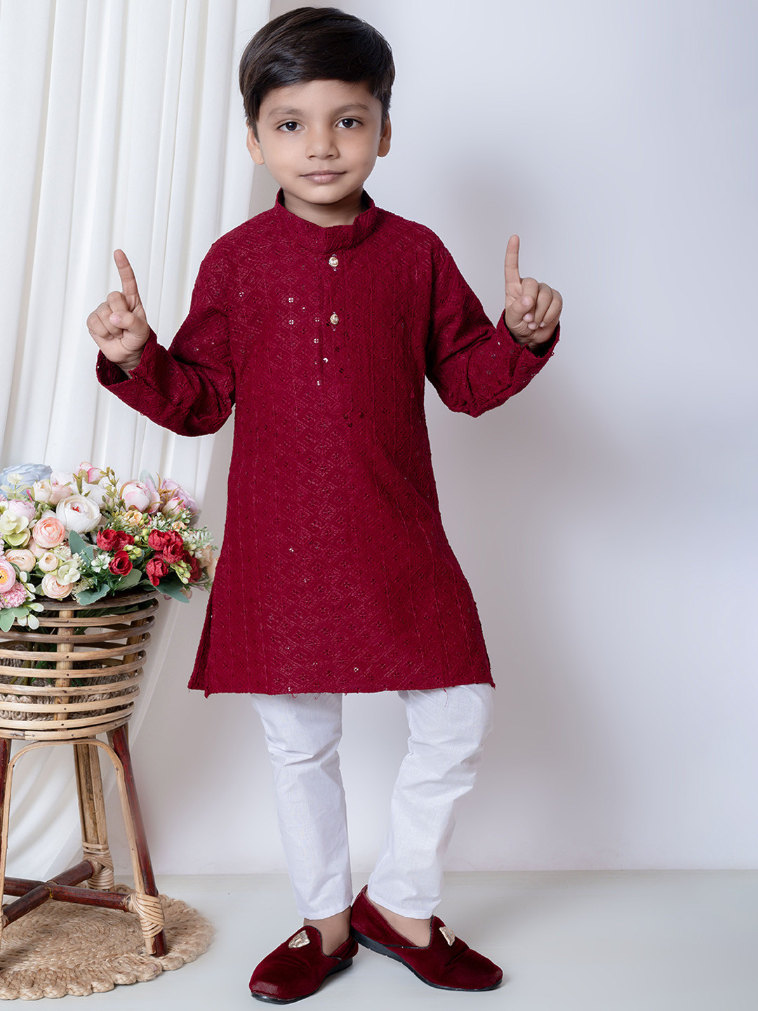 

NEW COLLECTION Boys Embroidered Regular Mirror Work Kurta with Churidar, Red