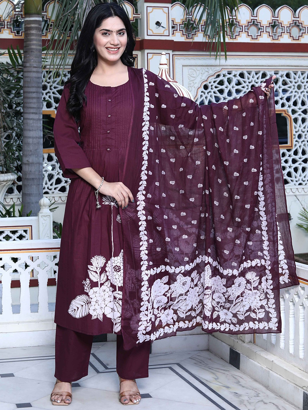 

MIRAVAN Women Embroidered Regular Pure Cotton Kurta with Palazzos & With Dupatta, Maroon