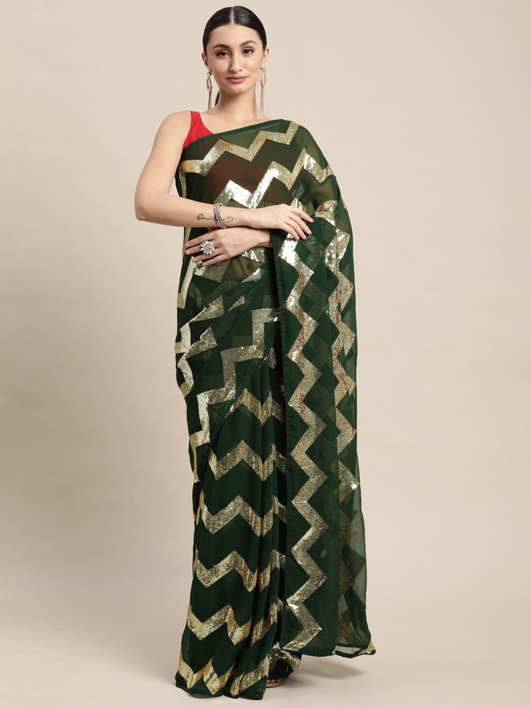 

SWADESI STUFF Embellished Embroidered Pure Georgette Saree, Green