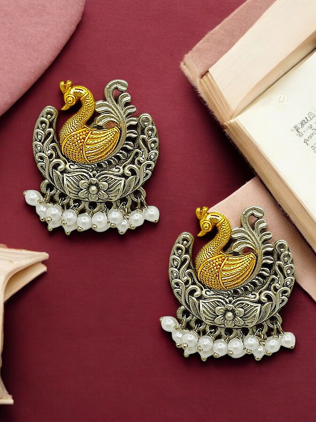 

FEMMIBELLA Peacock Shaped Drop Earrings, Silver