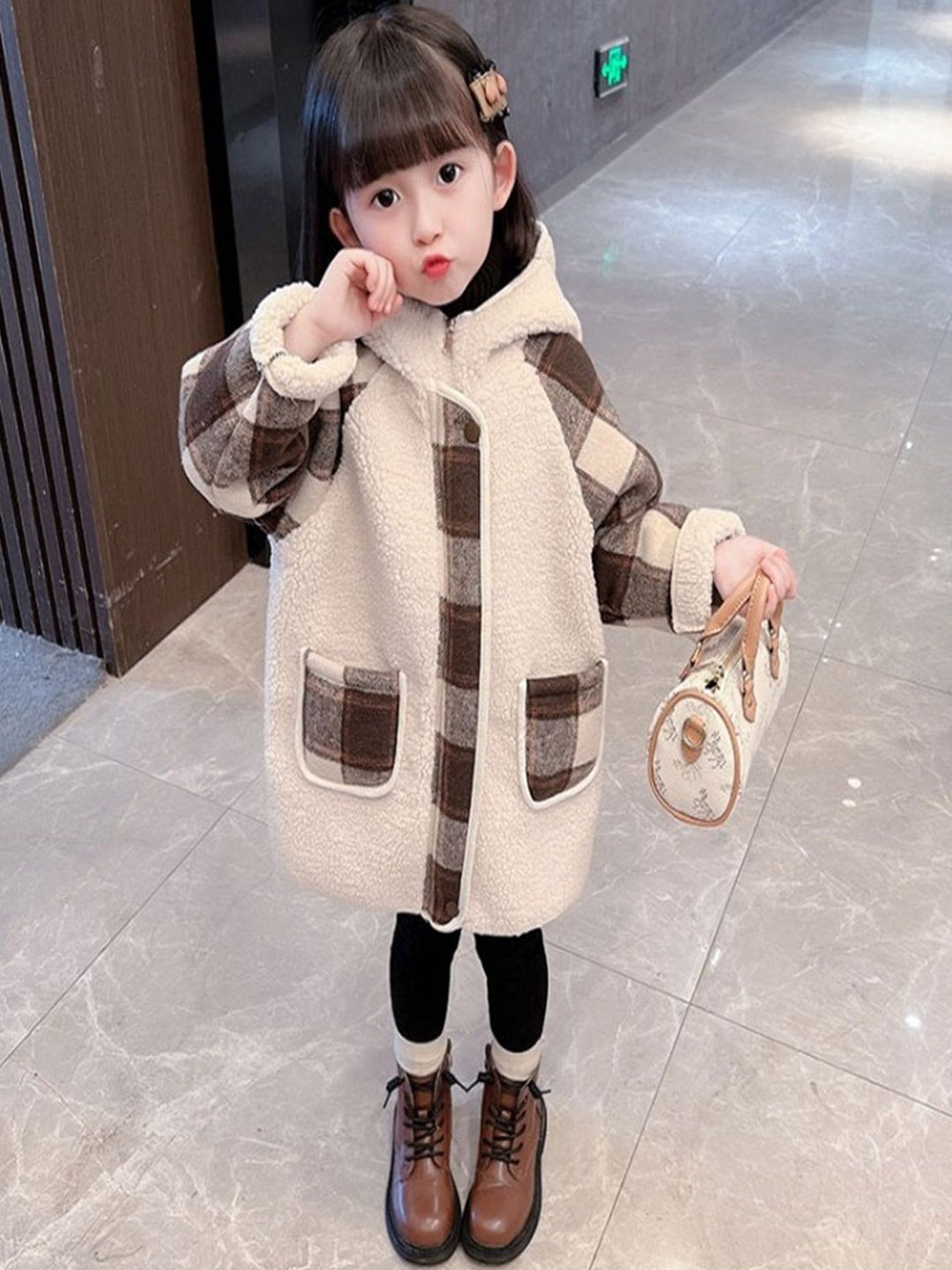 

Xsole Kids Checked Single-Breasted Overcoat, Beige