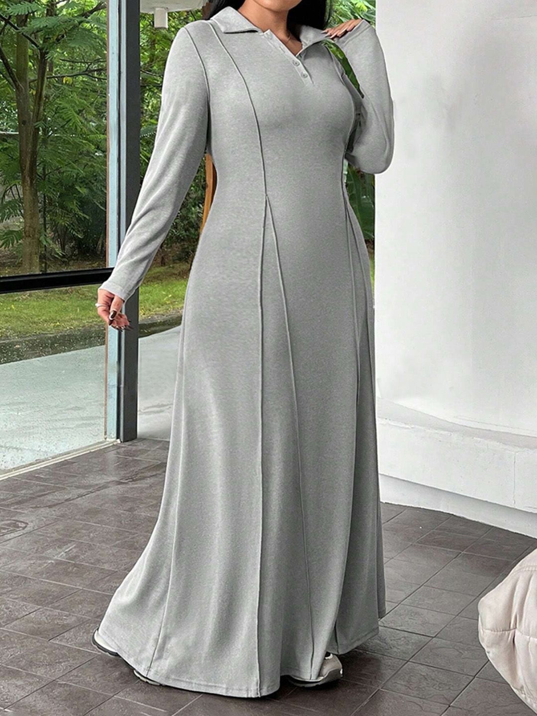 

JC Mode Women Shirt Collar Long Sleeves Maxi Dress, Grey