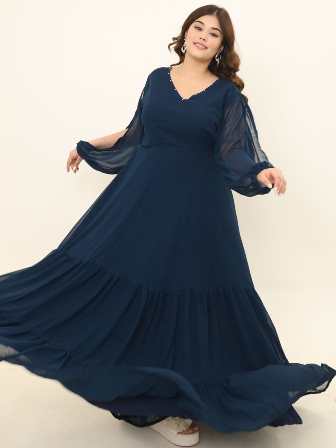 

Swadeshi Shringaar V-Neck Georgette Fit and Flare Maxi Dress, Blue