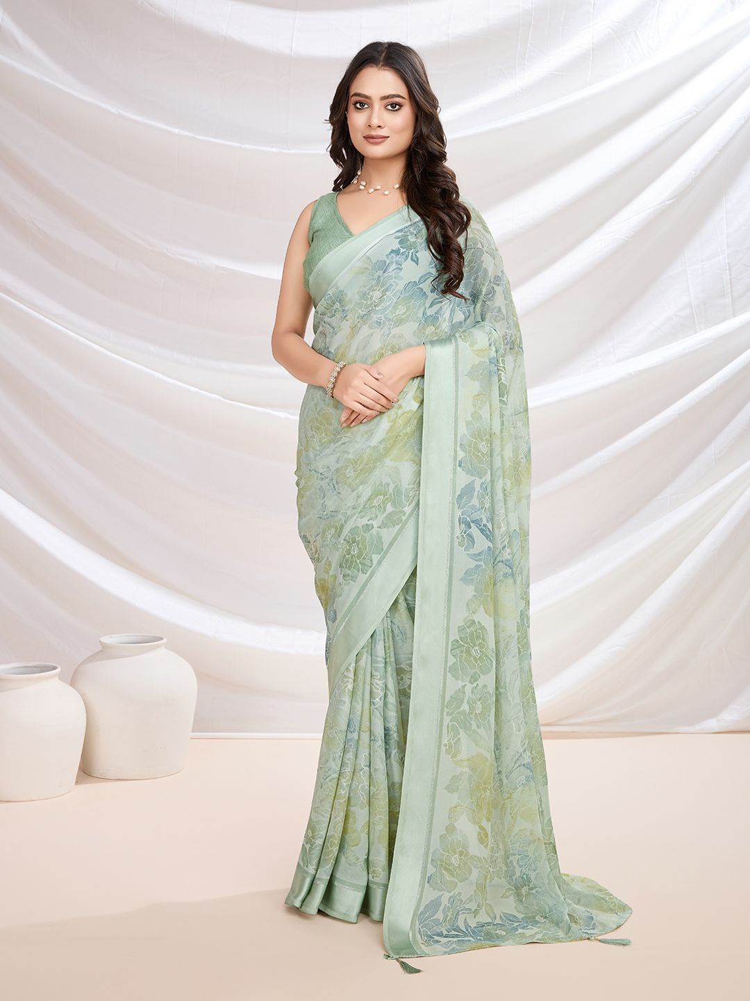 

KALINI Floral Pure Georgette Designer Saree, Sea green