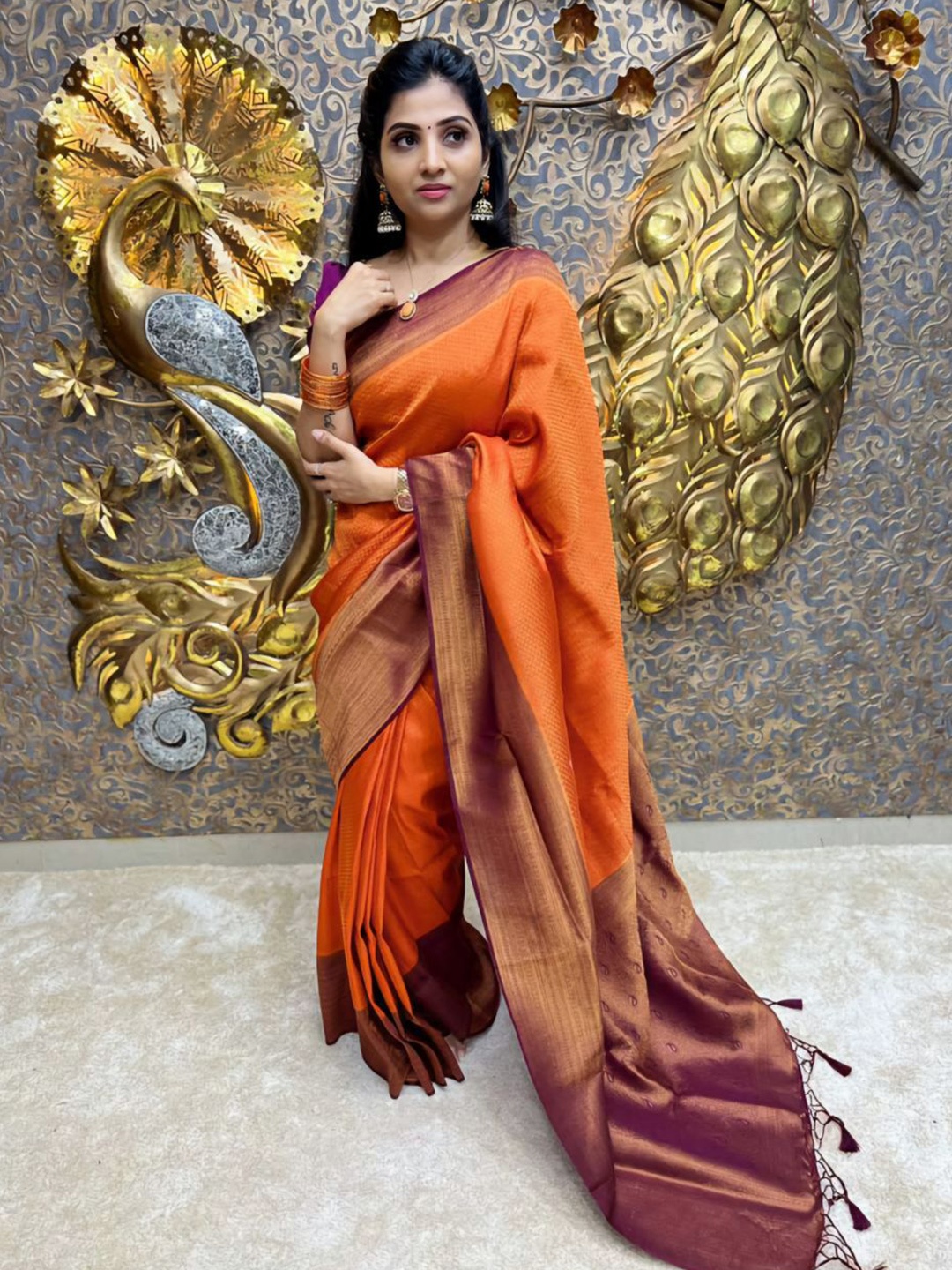 

Wuxi Woven Design Zari Pure Silk Banarasi Saree, Orange