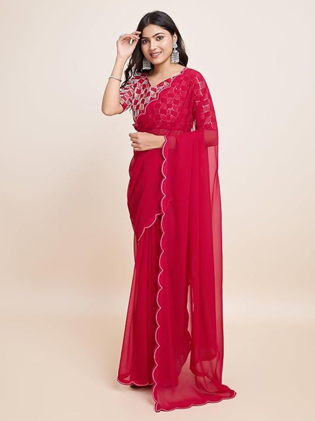 

SWADESI STUFF Embroidered Pure Georgette Heavy Work Saree, Red