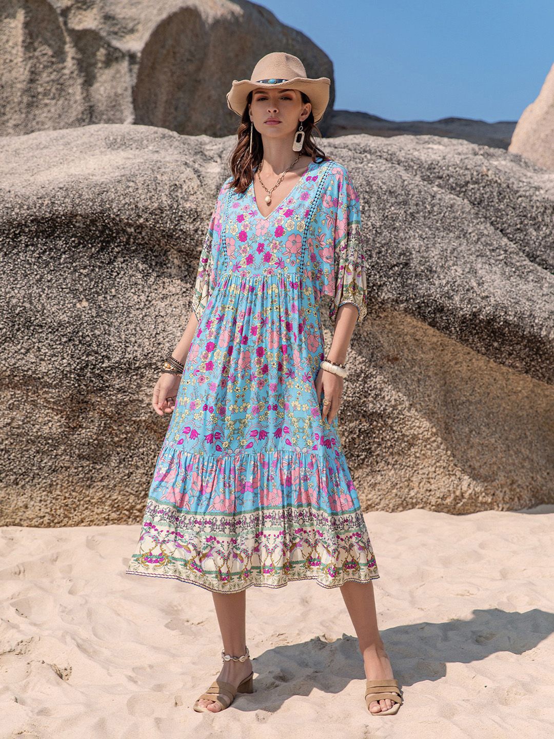 

JC Mode Women Floral Printed Puff Sleeve A-Line Dress, Blue