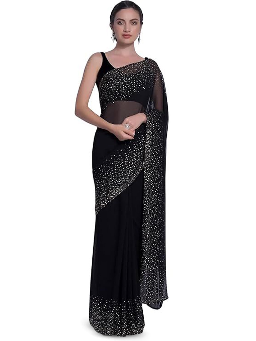 

SWADESI STUFF Embellished Beads and Stones Pure Georgette Saree, Black