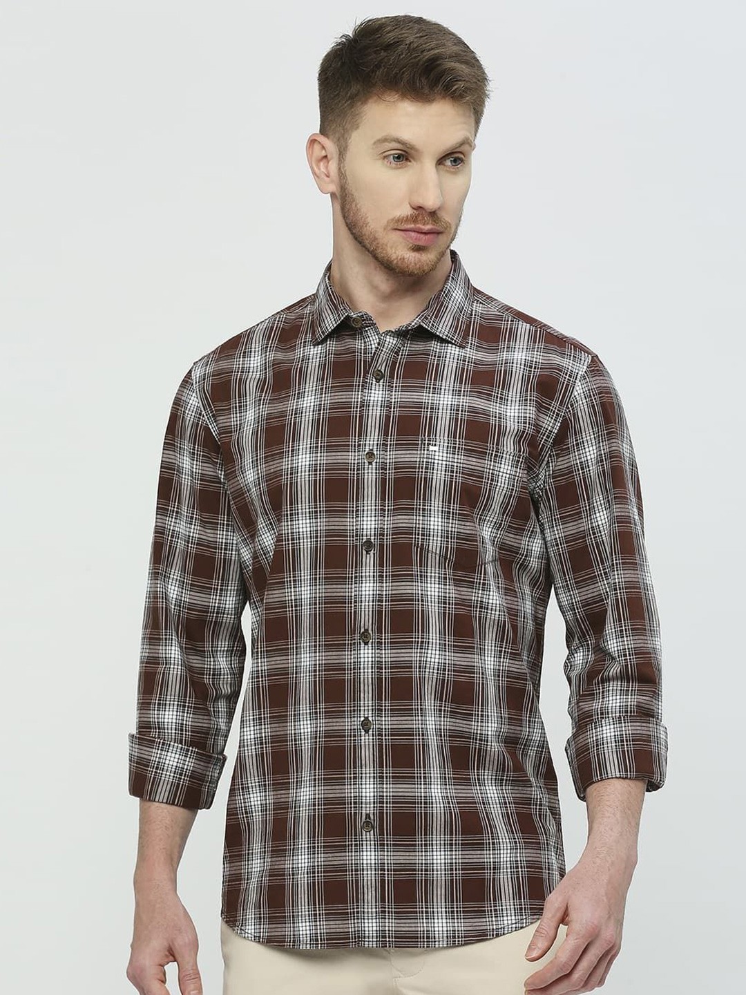 

Basics Men Slim Fit Shepherd Checks Opaque Checked Casual Shirt, Brown