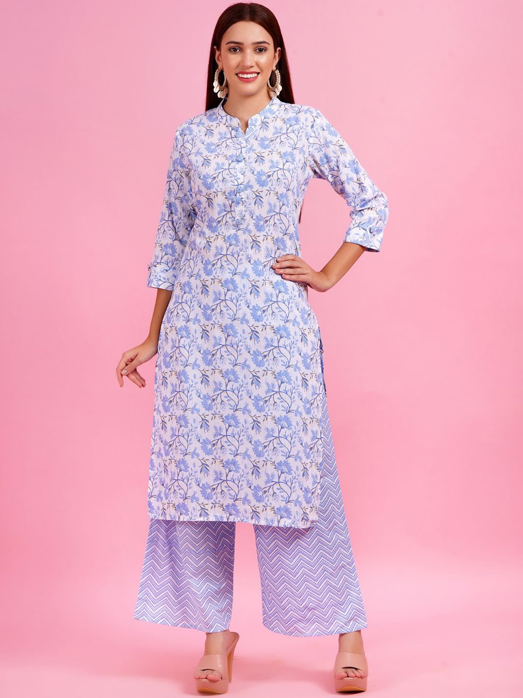 

JC4U Women Floral Printed Regular Pure Cotton Kurta with Trousers, Blue