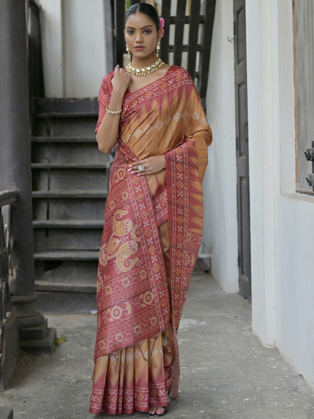 

Jinal & Jinal Woven Design Silk Cotton Tussar Saree, Yellow