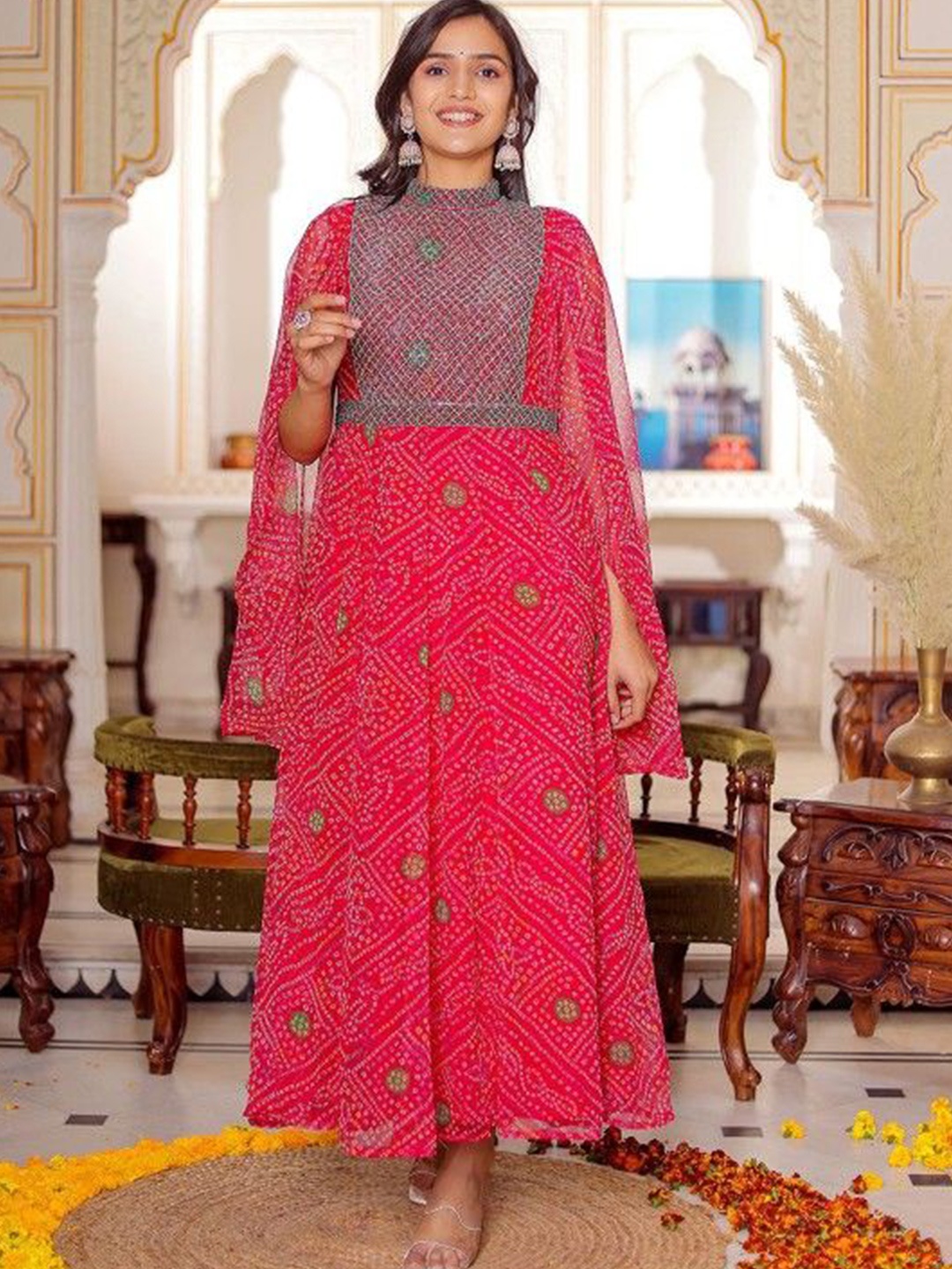 

Chandbaali Floral Print Cape Sleeve Maxi Dress, Pink