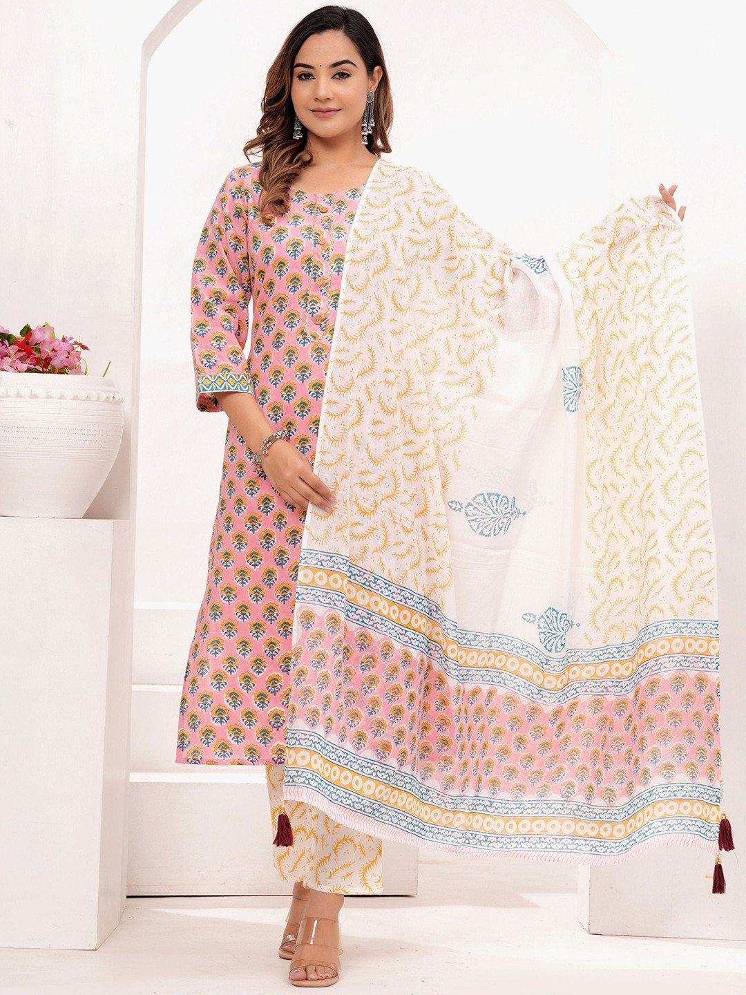 

VASUPRADA Women Printed Regular Kurta with Trousers & With Dupatta, Pink