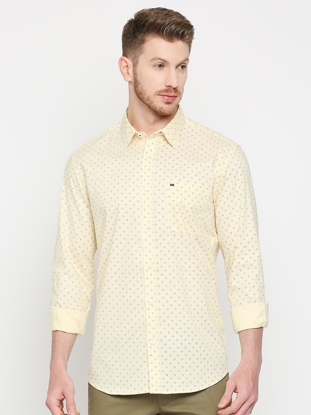 

Basics Men Slim Fit Opaque Printed Casual Shirt, Yellow