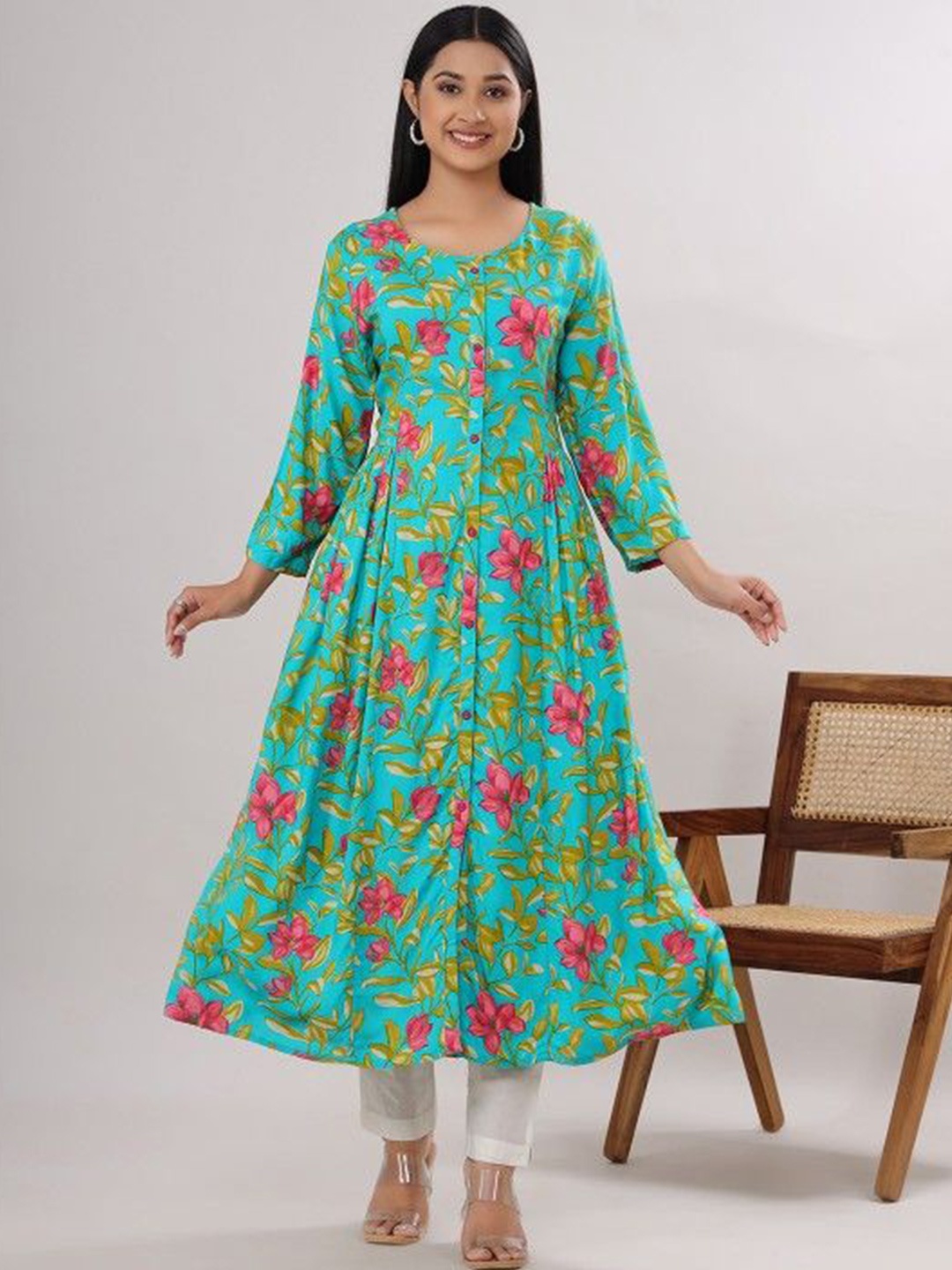 

Chandbaali Tropical Print Tie-Up Neck Puff Sleeve A-Line Midi Dress, Blue