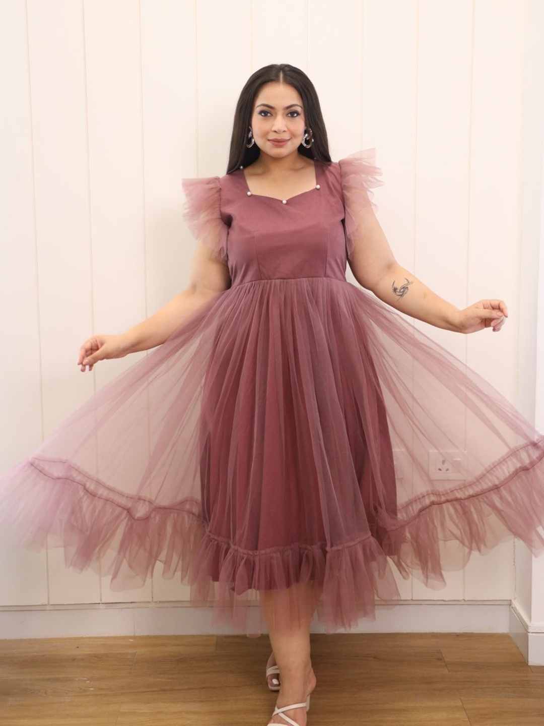 

Swadeshi Shringaar Net Fit & Flare Plus Size Dress, Mauve