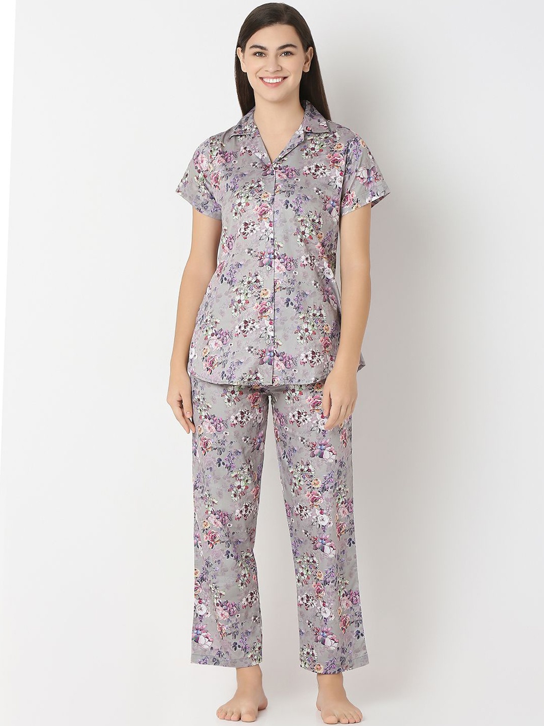 

Juliet Women Floral Printed Night suit, Grey