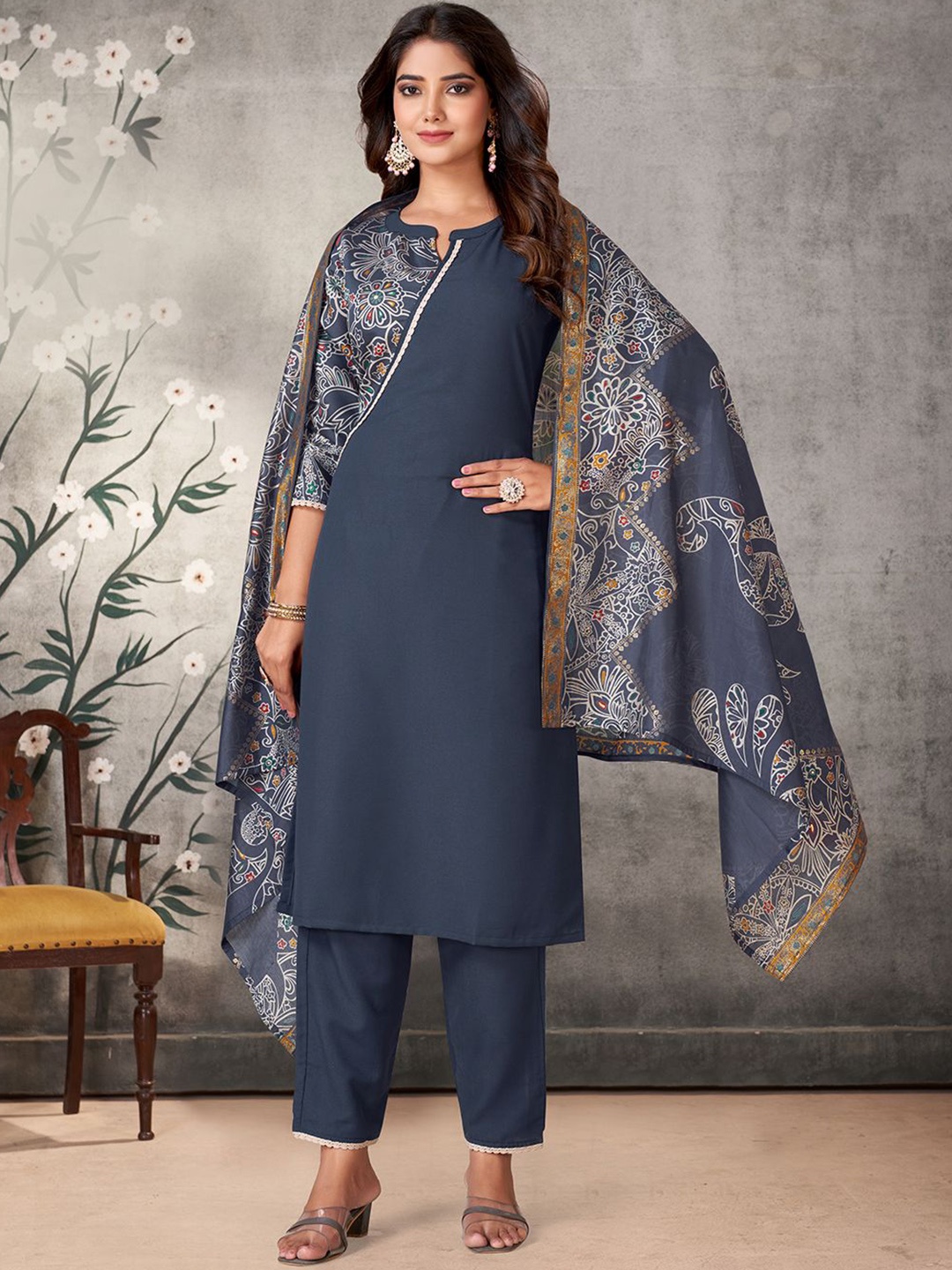 

KALINI Women Ethnic Motifs Printed Regular Kurta with Trousers & With Dupatta, Blue