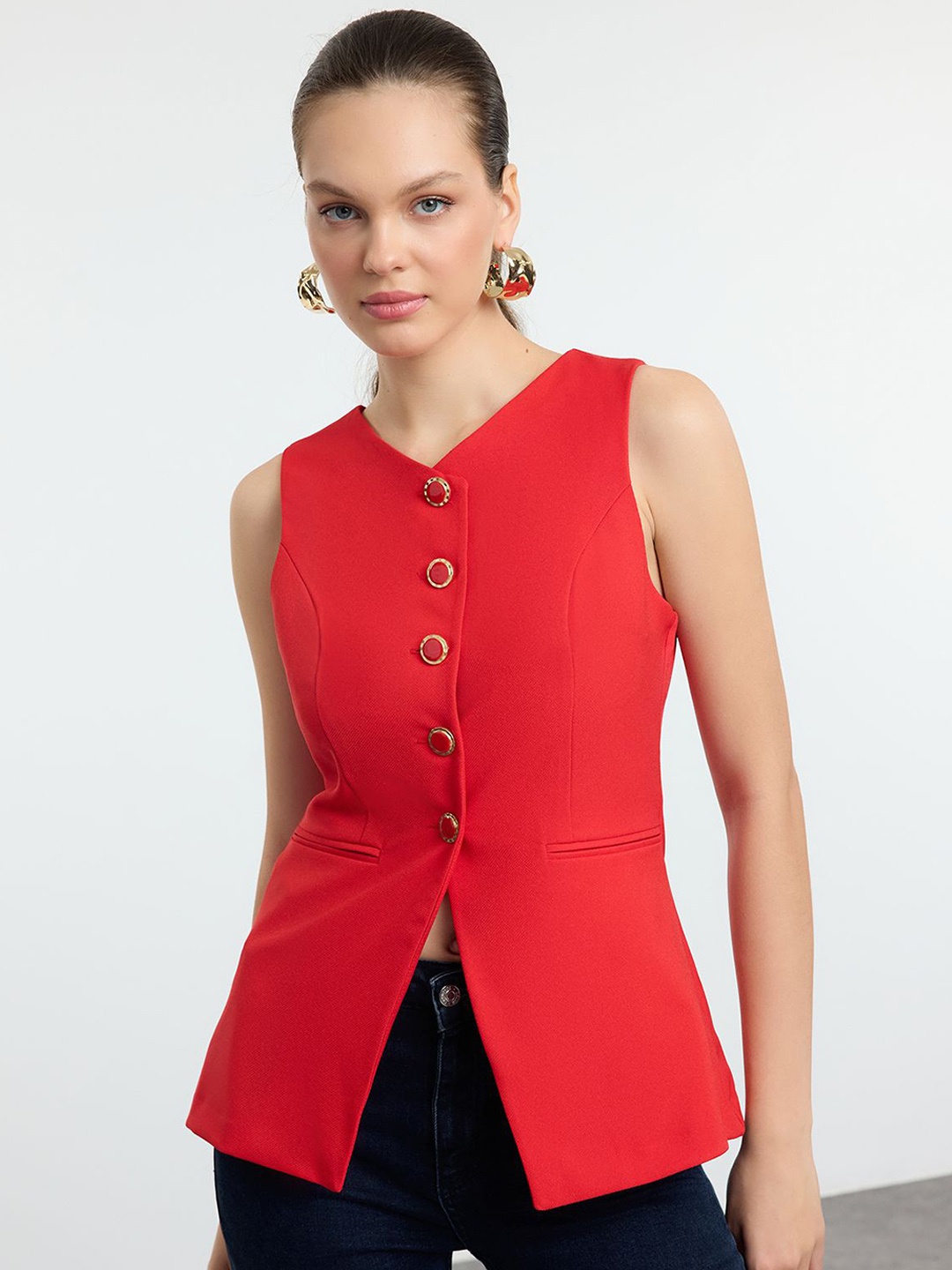 

Trendyol V-Neck Sleeveless Woven Waistcoat, Red