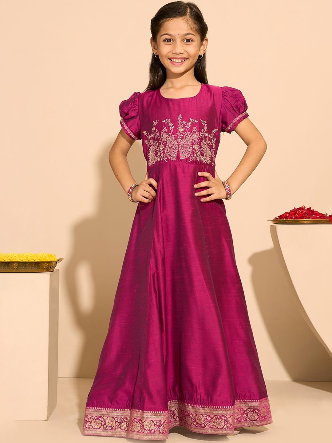 

Maybell Girls Ethnic Embroidered Silk Maxi Ethnic Dress, Magenta