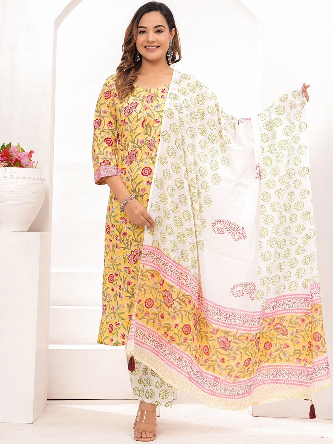 

VASUPRADA Women Floral Printed Regular Kurta with Trousers & With Dupatta, Yellow