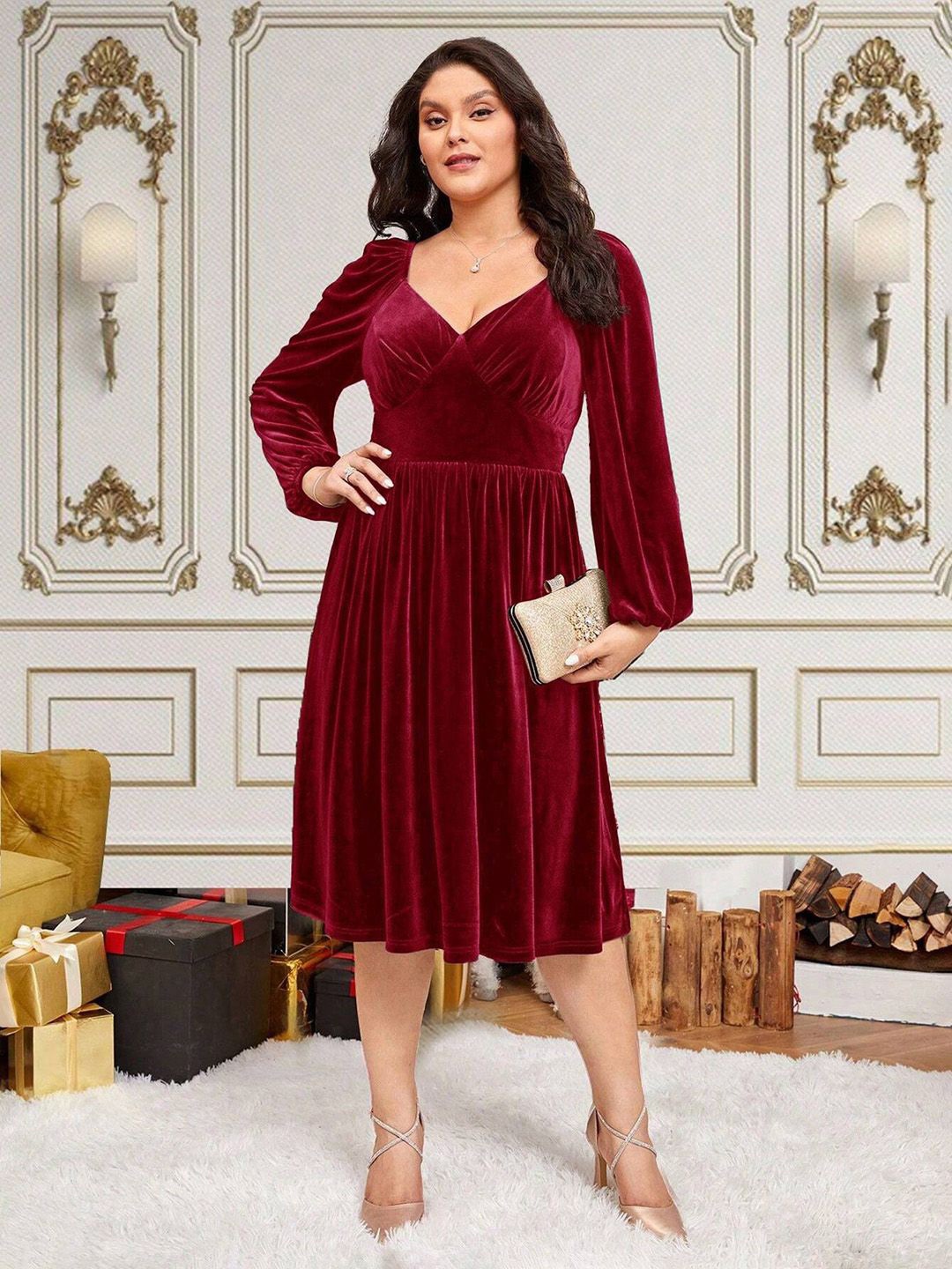 

JC Mode Women Fit & Flare Midi Dress, Maroon