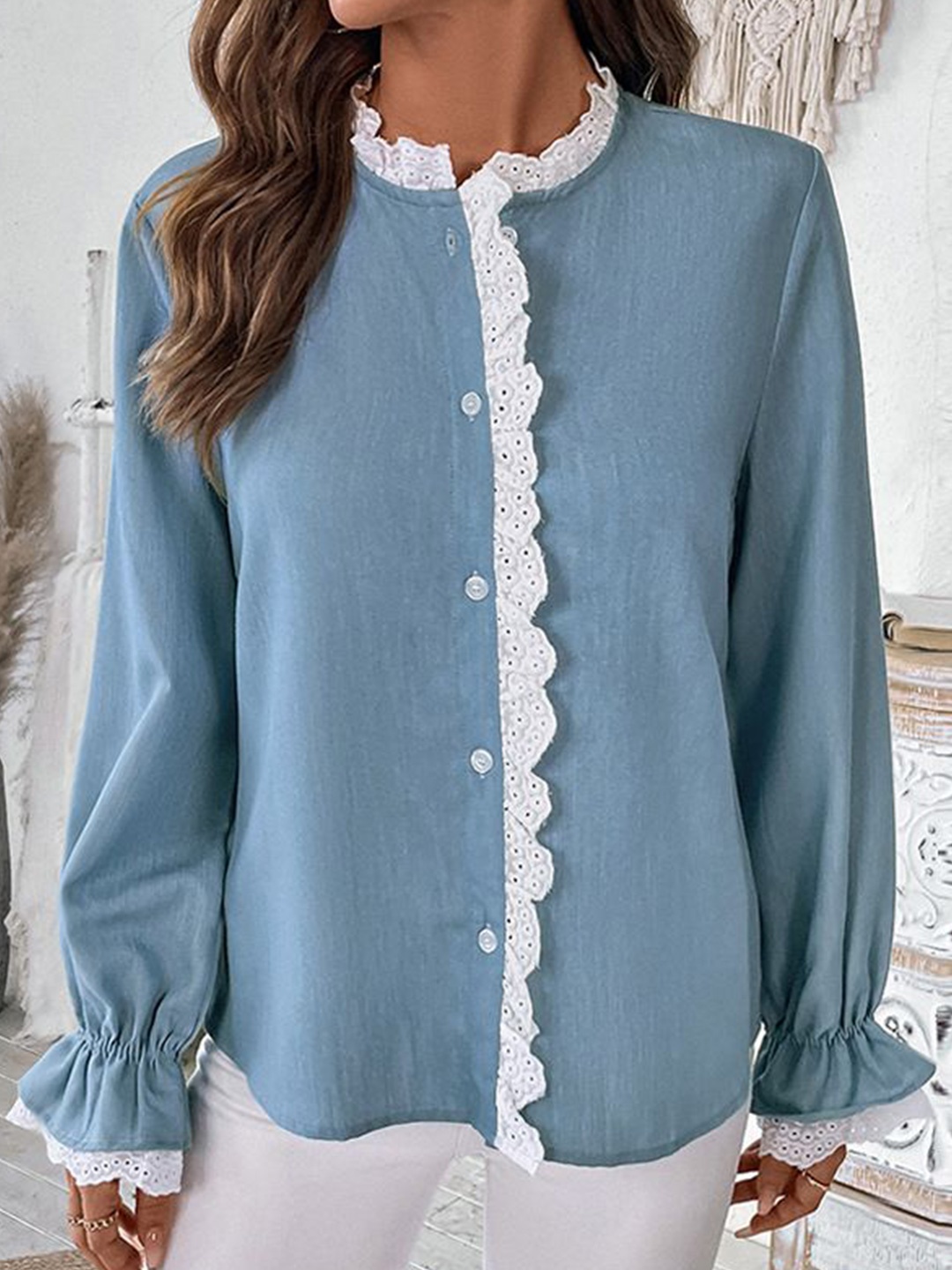 

StyleCast Mandarin Collar Bell Sleeve Top, Blue