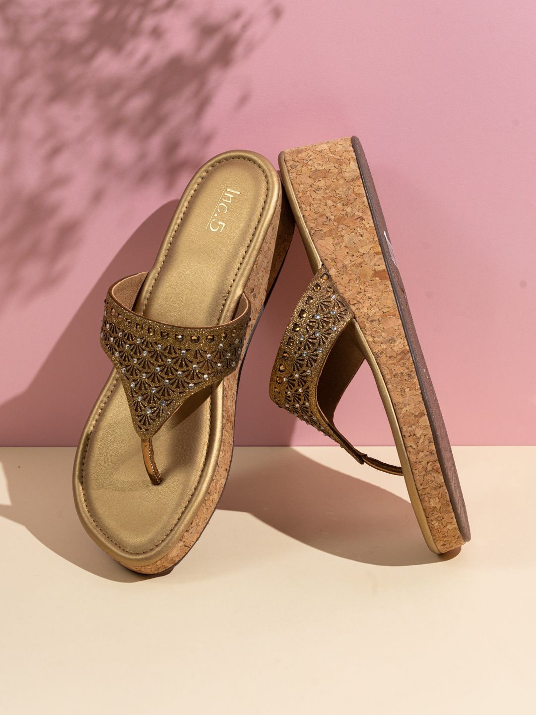 

Inc 5 Embellished Ethnic Wedge Round Toe Heels Sandals, Gold