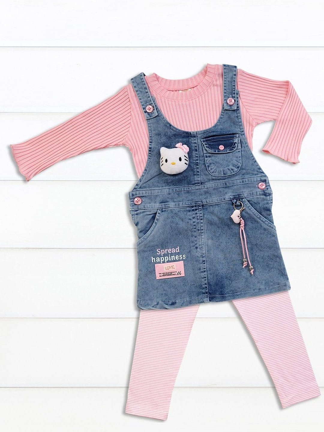 

Babys Day Infants Girls Printed Cotton Dungaree With T-Shirt & Legging, Pink