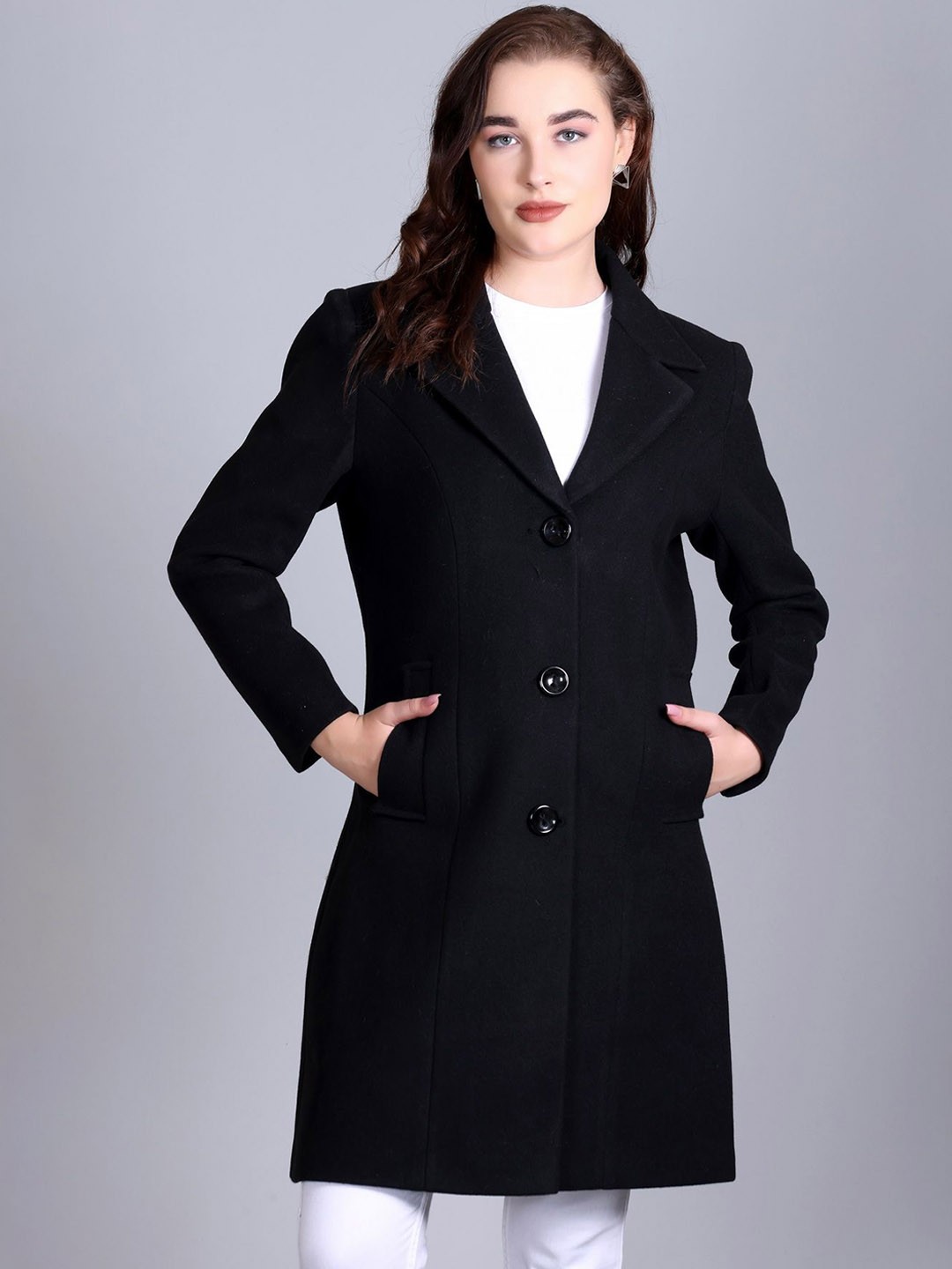 

Winter Wonders Self Design Single Breasted Overcoats, Black