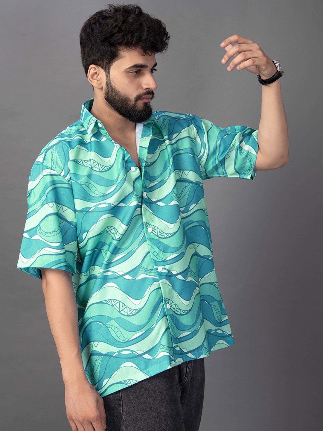 

BOWLIFESTYLE Men Classic Boxy Opaque Printed Casual Shirt, Blue