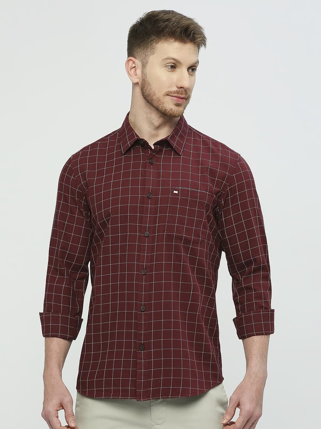 

Basics Men Slim Fit Windowpane Checks Opaque Checked Casual Shirt, Red