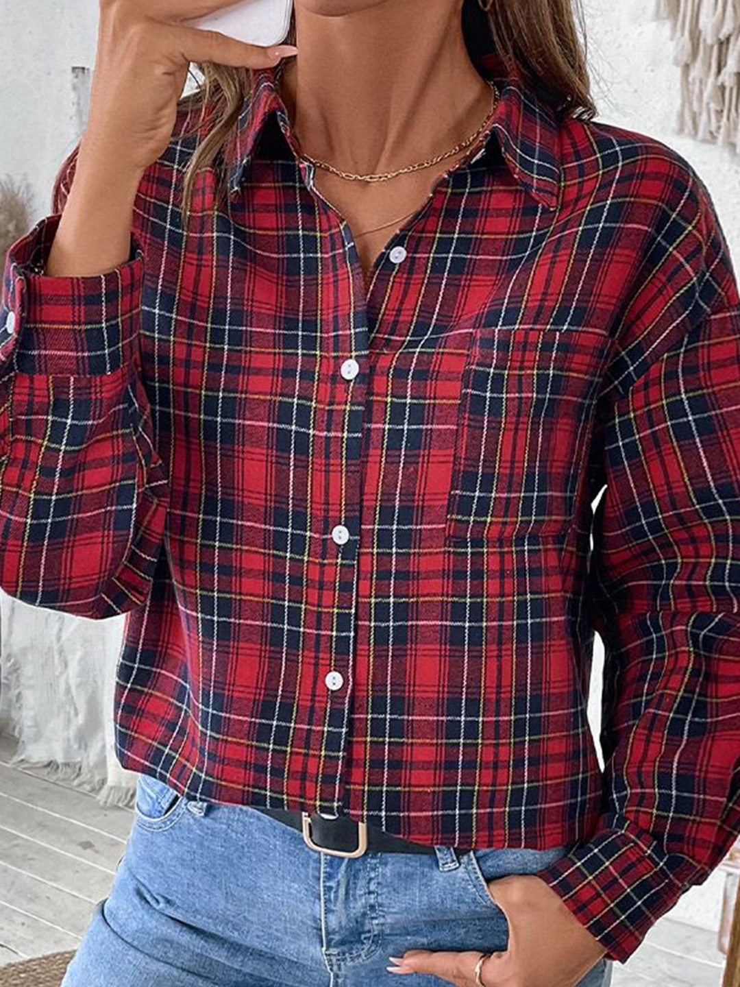 

StyleCast Women Gingham Checks Opaque Checked Casual Shirt, Red