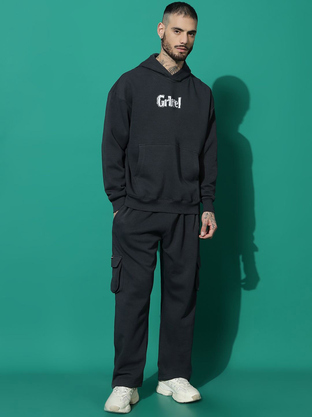 

GRIFFEL Men Printed Oversized Fit Hooded Tracksuit, Charcoal