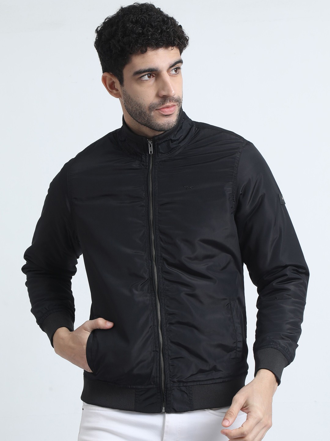 

RIGS AND RAGS Men Geometric Outdoor Bomber with Patchwork Jacket, Black