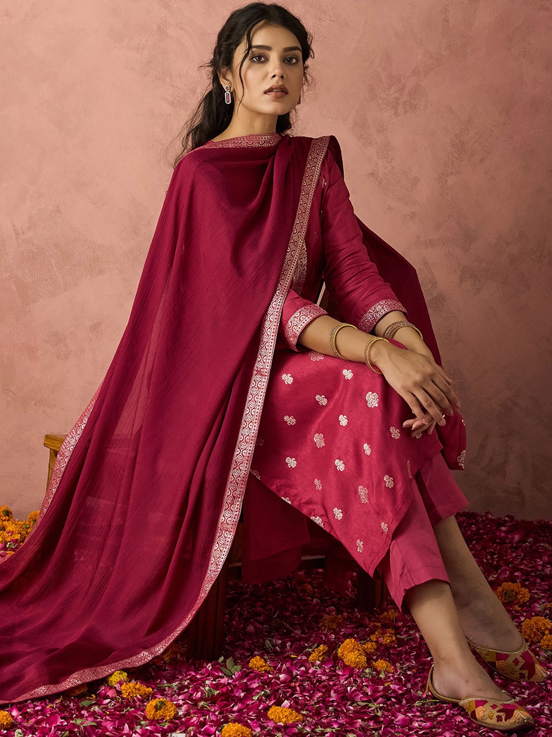 

KALINI Women Regular Pure Silk Kurta with Trousers & With Dupatta, Pink