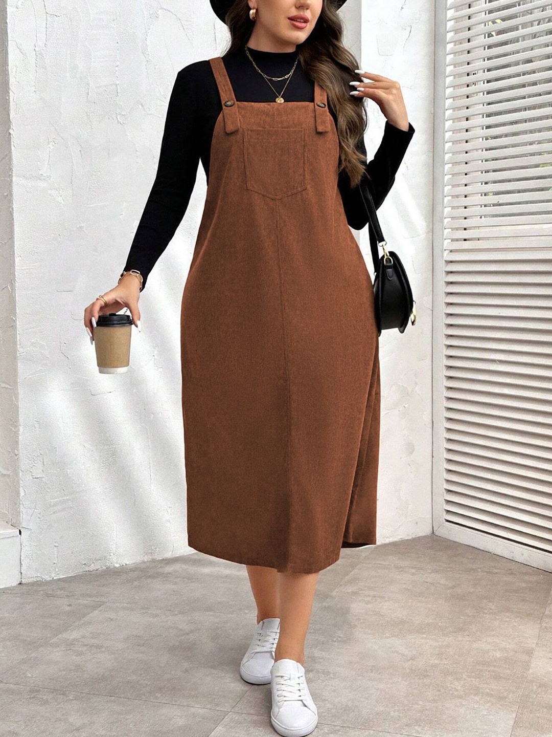 

JC Mode Women Shoulder Straps Pinafore Midi Dress, Brown