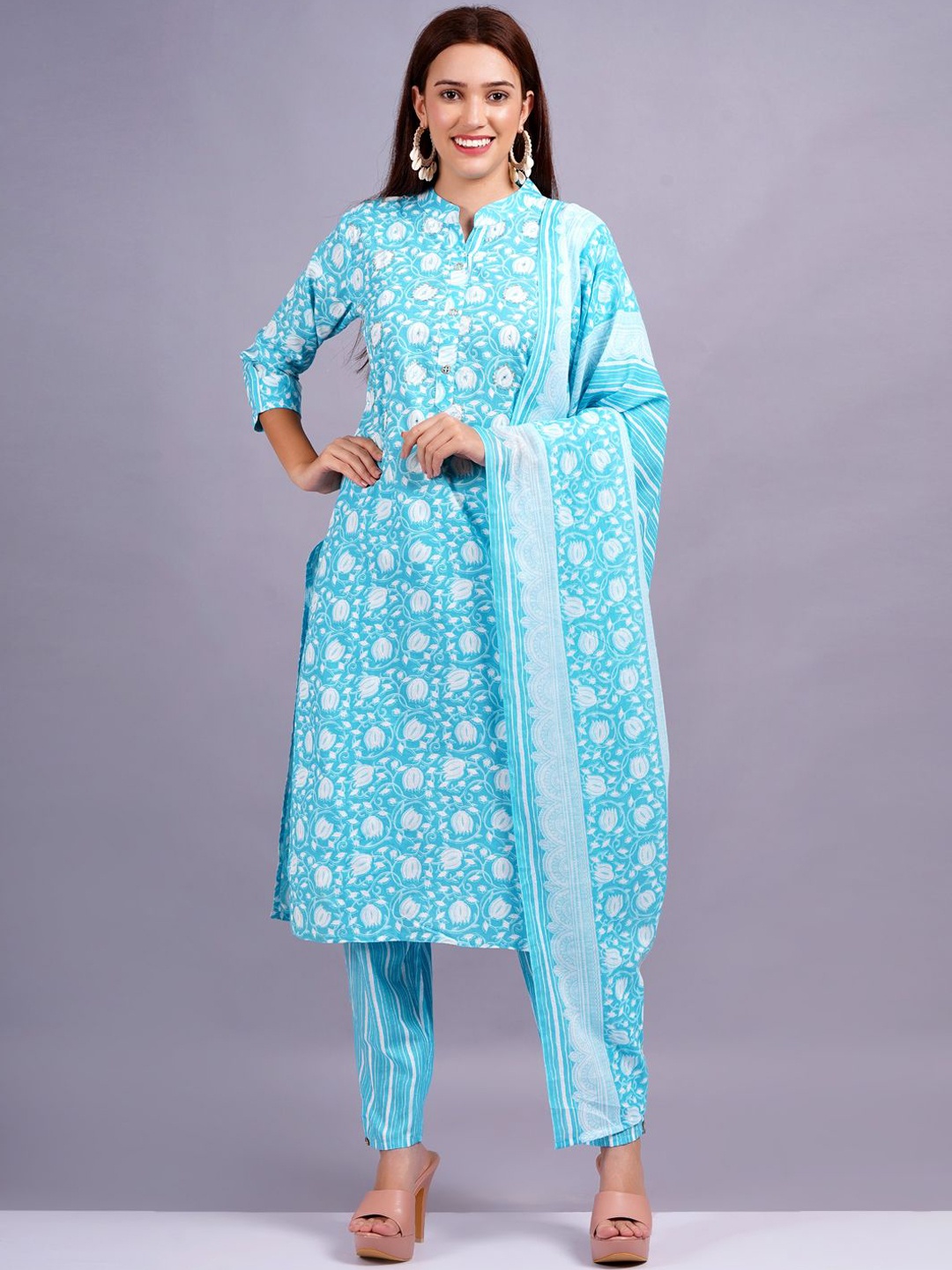 

JC4U Women Floral Printed Regular Zardozi Pure Cotton Kurta with Trousers & With Dupatta, Blue