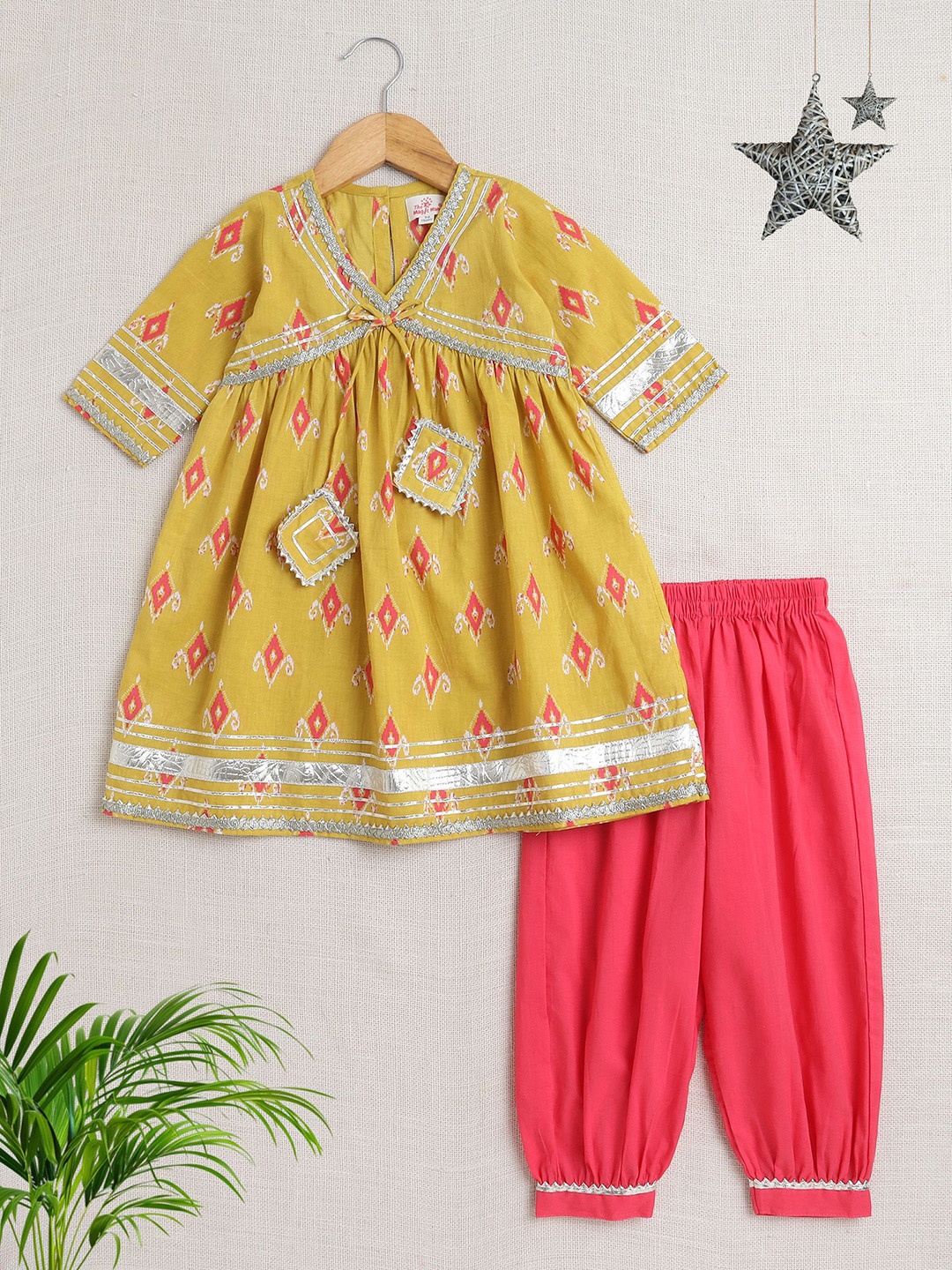 

The Magic Wand Girls Floral Printed Regular Gotta Patti Pure Cotton Kurti with Salwar, Mustard