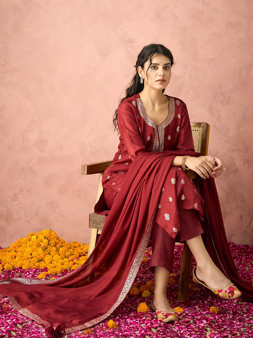 

KALINI Women Regular Pure Silk Kurta with Trousers & With Dupatta, Maroon