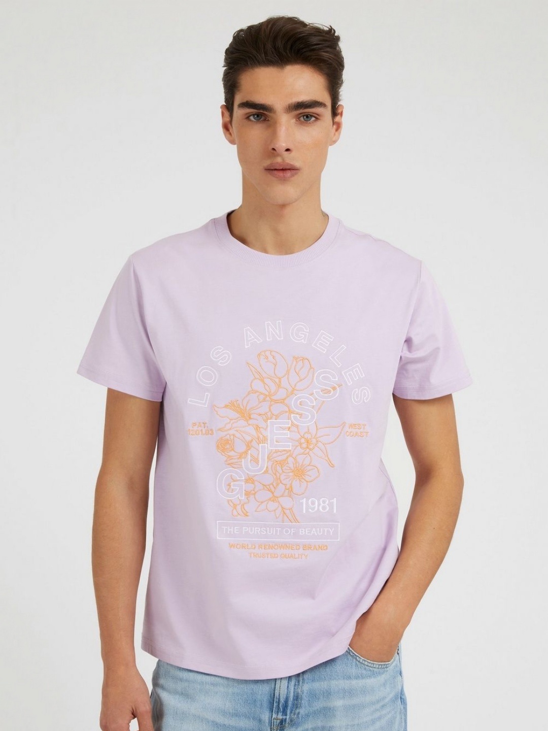 

GUESS Men Floral Printed Raw Edge T-shirt, Purple