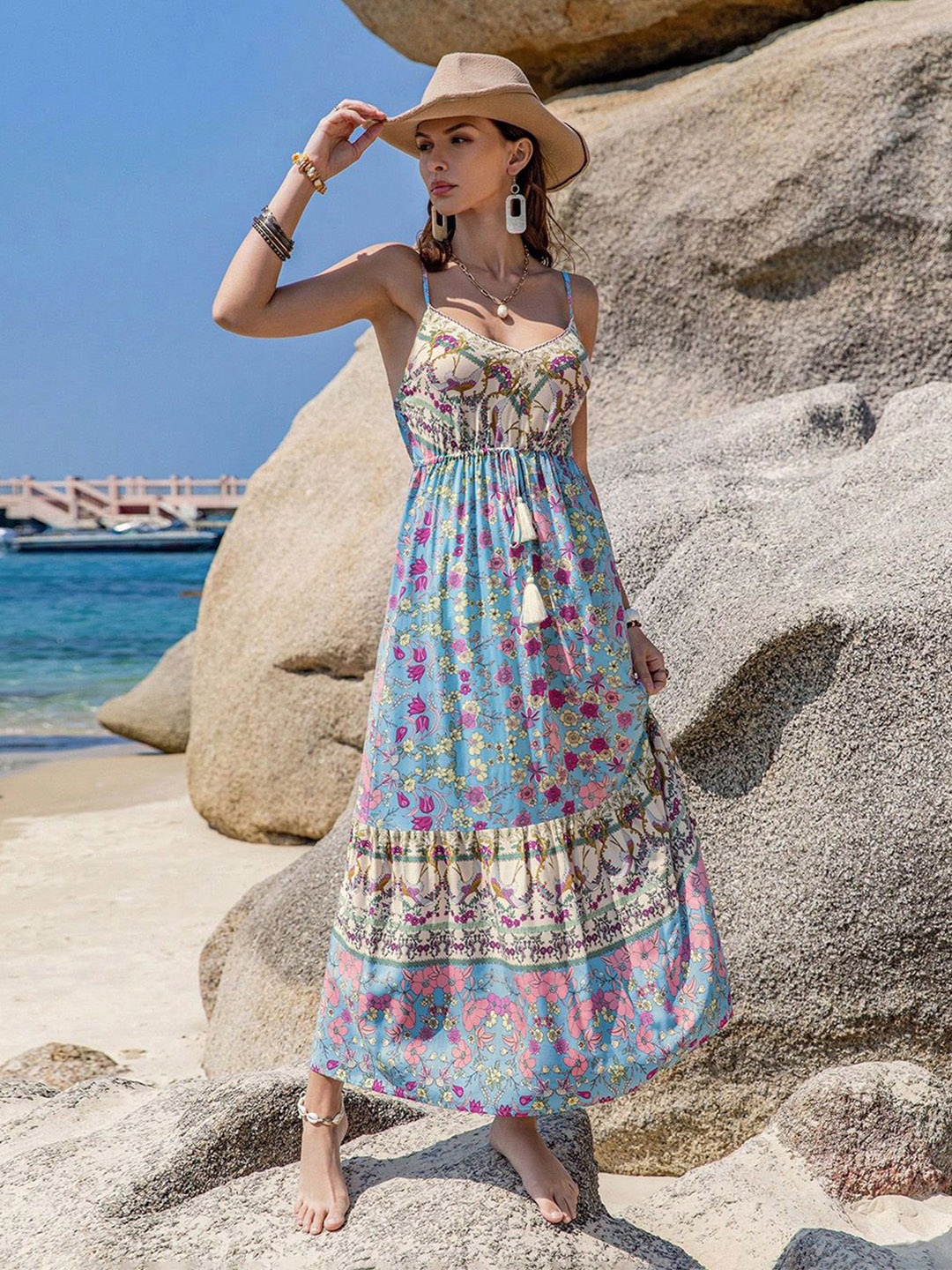 

JC Mode Women Floral Printed Shoulder Straps Maxi Dress, Blue
