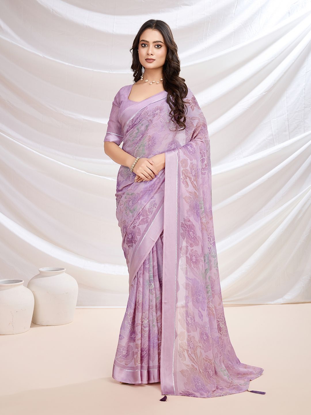 

KALINI Floral Pure Georgette Saree, Purple
